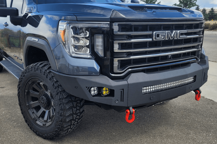 Rugged steel bumper by Chassis Unlimited Octane CUB900572RAW for 2020-2023 GMC Sierra 2500/3500, raw finish with sensor cutouts