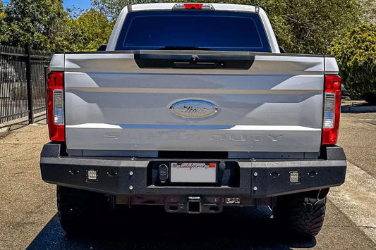 Rear offroad bumper Chassis Unlimited Fuel CUB510140 with LED lights and hitch retention for 2017–2022 Ford F250/F350 Super Duty rear protection