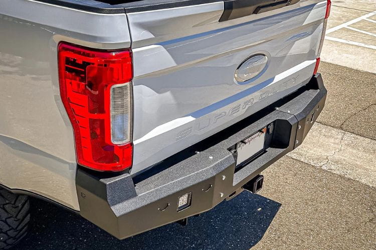 Rear offroad bumper Chassis Unlimited Fuel CUB510140 with LED lights and hitch retention for 2017–2022 Ford F250/F350 Super Duty rear protection