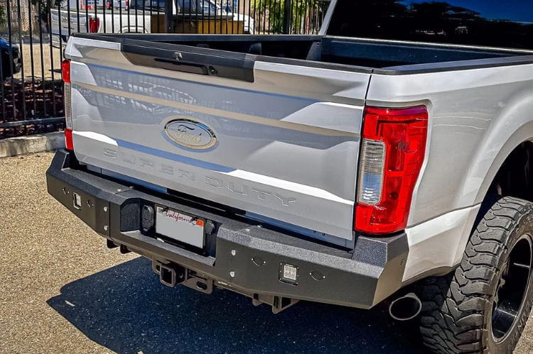 Rear offroad bumper Chassis Unlimited Fuel CUB510140 with LED lights and hitch retention for 2017–2022 Ford F250/F350 Super Duty rear protection