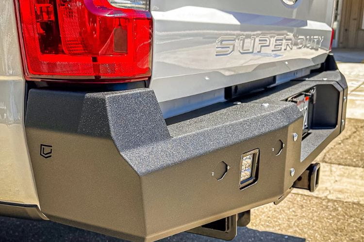 Rear offroad bumper Chassis Unlimited Fuel CUB510140 with LED lights and hitch retention for 2017–2022 Ford F250/F350 Super Duty rear protection