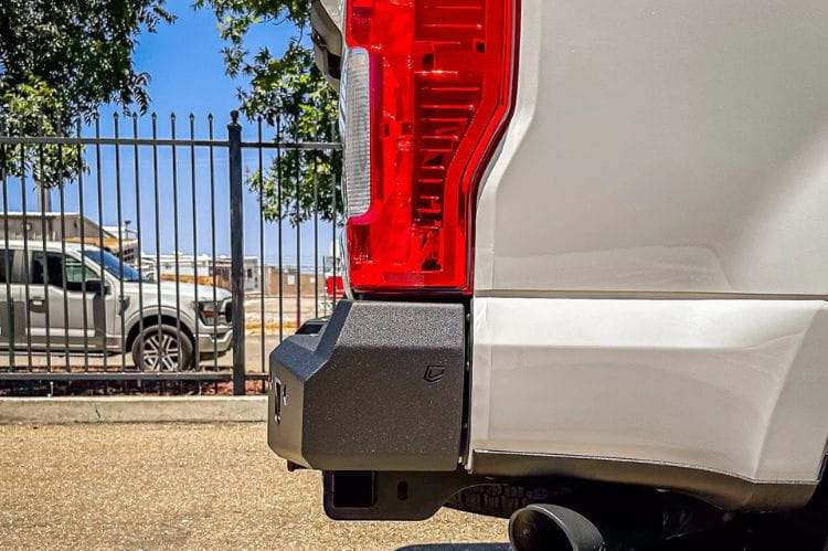 Rear offroad bumper Chassis Unlimited Fuel CUB510140 with LED lights and hitch retention for 2017–2022 Ford F250/F350 Super Duty rear protection