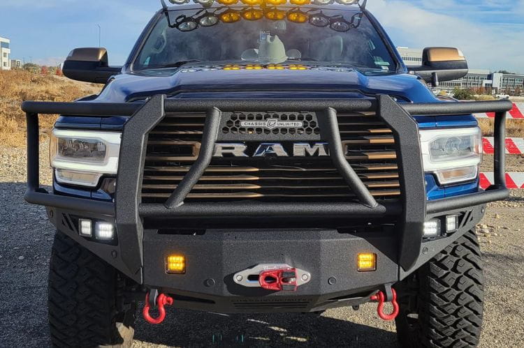 Chassis Unlimited Octane CUB940322BG grille guard front bumper for 2019–2025 Ram 2500/3500 with sensor cutouts