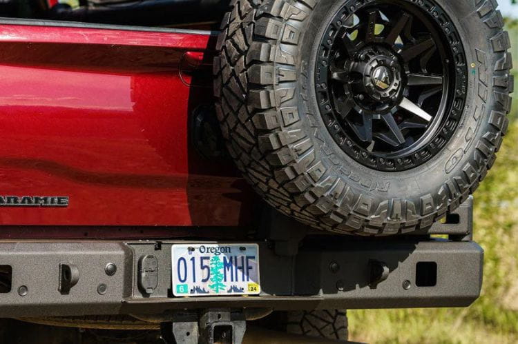 Chassis Unlimited Octane CUB960322RAW high-clearance dual swing out rear bumper for 2010–2025 Ram 2500/3500 in raw steel