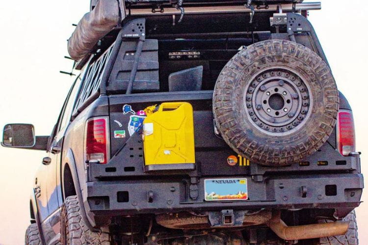 Chassis Unlimited Octane CUB960012RAW custom rear bumper with dual swing-out tire carrier for 2010–2025 Ram 2500/3500, raw steel