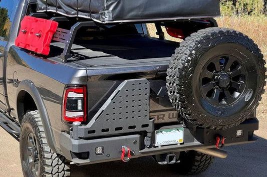 Chassis Unlimited Octane CUB960012RAW custom rear bumper with dual swing-out tire carrier for 2010–2025 Ram 2500/3500, raw steel