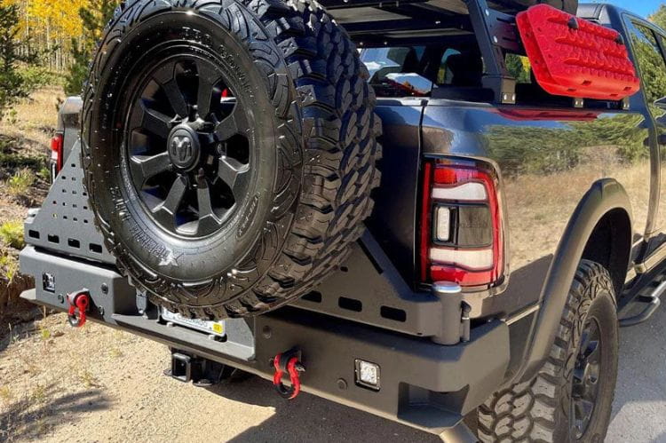 Chassis Unlimited Octane CUB960012RAW custom rear bumper with dual swing-out tire carrier for 2010–2025 Ram 2500/3500, raw steel