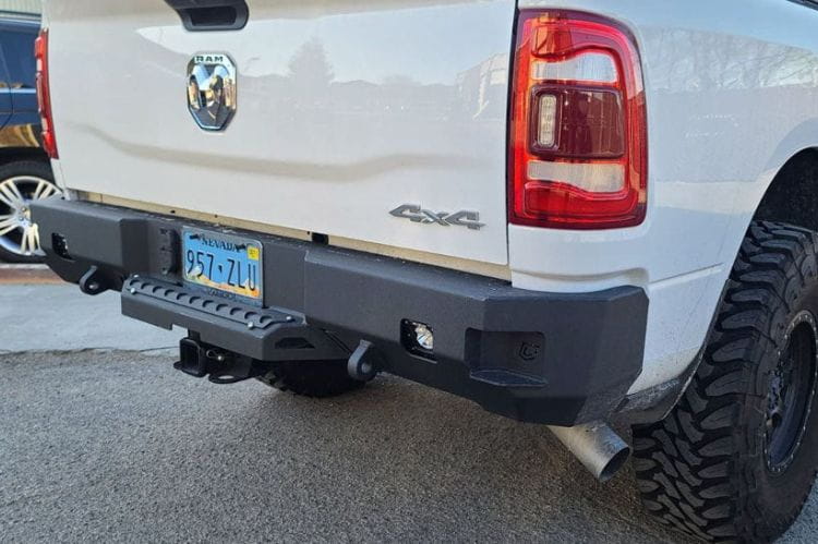 Chassis Unlimited Octane CUB910322 custom rear truck bumper for 2019–2025 Ram 2500/3500, textured black with sensor cutouts