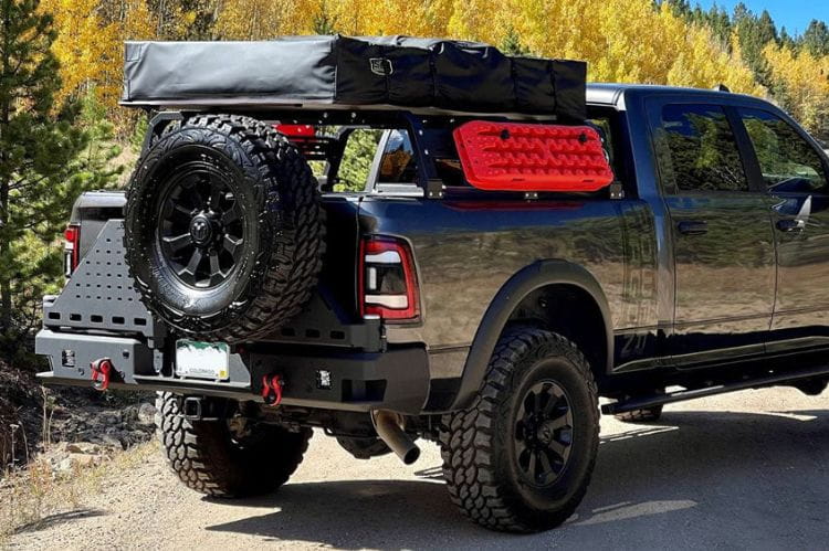 Chassis Unlimited Octane CUB960011RAW custom truck rear bumper with dual swing-out tire carrier for 2010–2025 Ram 2500/3500, raw steel