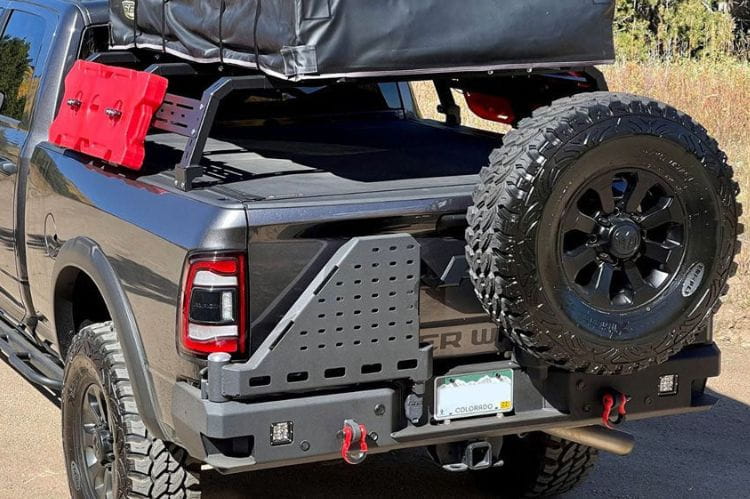 Chassis Unlimited Octane CUB960011RAW custom truck rear bumper with dual swing-out tire carrier for 2010–2025 Ram 2500/3500, raw steel