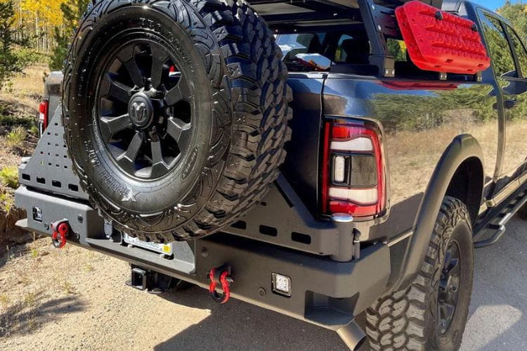 Chassis Unlimited Octane CUB960011RAW custom truck rear bumper with dual swing-out tire carrier for 2010–2025 Ram 2500/3500, raw steel