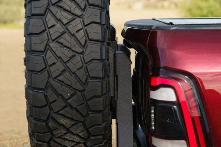 Chassis Unlimited Octane CUB960011RAW custom truck rear bumper with dual swing-out tire carrier for 2010–2025 Ram 2500/3500, raw steel