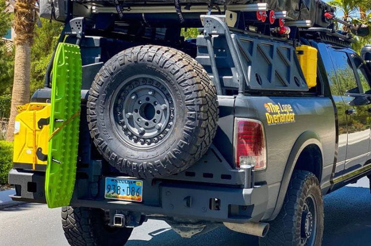Chassis Unlimited Octane CUB960011RAW custom truck rear bumper with dual swing-out tire carrier for 2010–2025 Ram 2500/3500, raw steel
