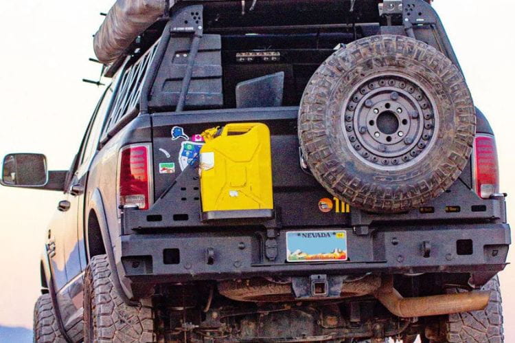 Chassis Unlimited Octane CUB960011RAW custom truck rear bumper with dual swing-out tire carrier for 2010–2025 Ram 2500/3500, raw steel
