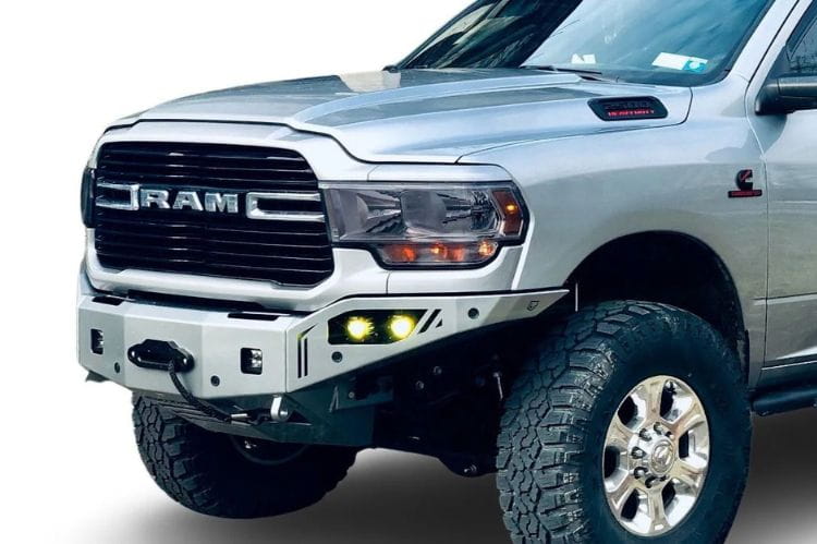 Chassis Unlimited Octane CUB940322 front bumper for 2019–2025 Ram 2500/3500 with textured black finish and sensor cutouts