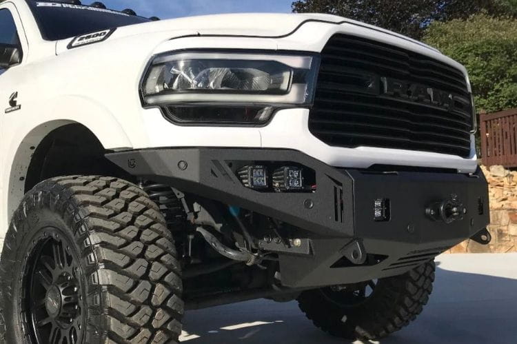 Chassis Unlimited Octane CUB940322 front bumper for 2019–2025 Ram 2500/3500 with textured black finish and sensor cutouts