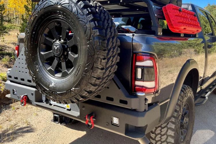 Chassis Unlimited Octane CUB960011 steel rear bumper with dual swing-out tire carrier for 2010–2025 Ram 2500/3500, textured black
