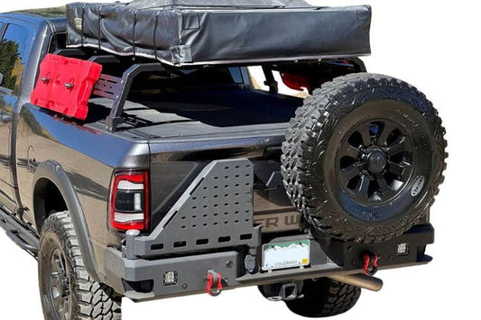 Chassis Unlimited Octane CUB960011 steel rear bumper with dual swing-out tire carrier for 2010–2025 Ram 2500/3500, textured black