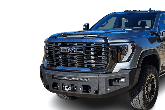 Chassis Unlimited CUB980692RAW Front Winch Bumper raw steel with sensor cutouts for 2024+ GMC Sierra 2500/3500 heavy-duty protection