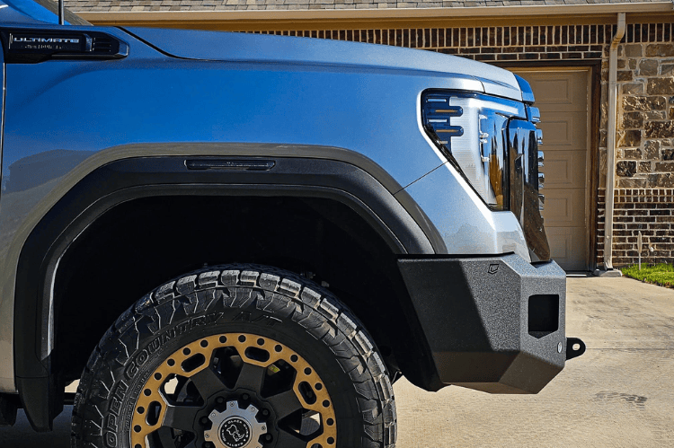 Chassis Unlimited CUB980692RAW Front Winch Bumper raw steel with sensor cutouts for 2024+ GMC Sierra 2500/3500 heavy-duty protection