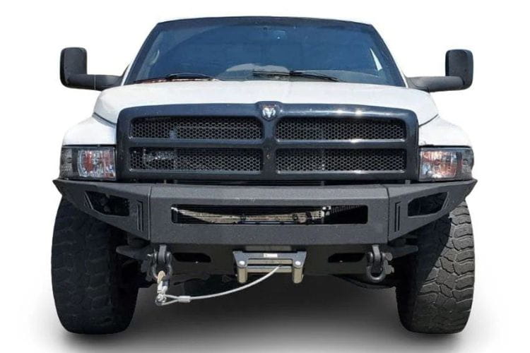 Offroad front winch bumper Chassis Unlimited CUB940051 Octane texture black steel protects a 1994-2002 Dodge Ram 1500 on the trail 