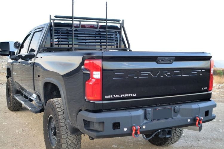 This rugged Chassis Unlimited rear bumper CUB990552 shields the back frame on a 2020-2025 Chevy Silverado 2500/3500 HD truck