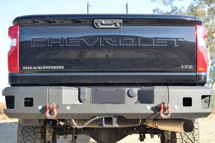 This rugged Chassis Unlimited rear bumper CUB990552 shields the back frame on a 2020-2025 Chevy Silverado 2500/3500 HD truck