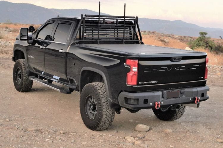 The bare steel Chassis Unlimited rear bumper CUB990552RAW adds sensor cutouts to a 2020-2025 Chevy Silverado 2500/3500 truck 
