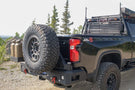 Rear Tire Carrier Bumper Chassis Unlimited CUB960571 Octane dual swing out for GMC Sierra 2500/3500, rugged black steel upgrade