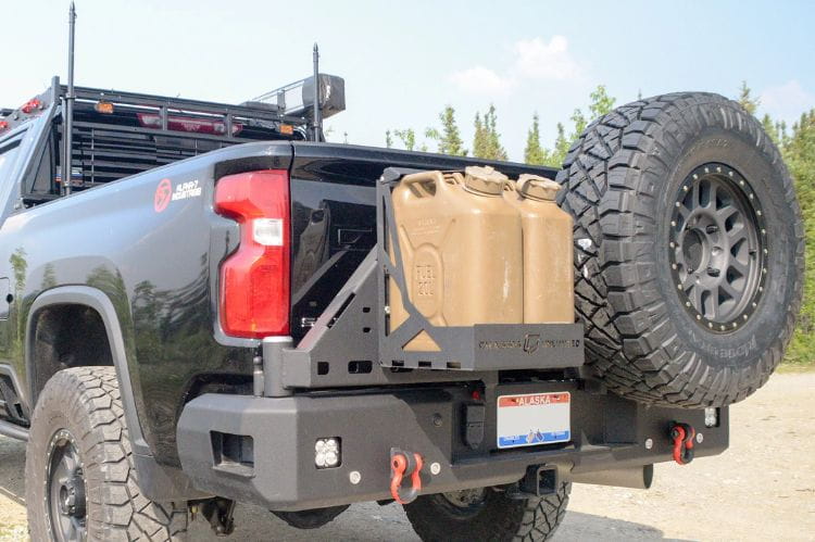 Rear Tire Carrier Bumper Chassis Unlimited CUB960571 Octane dual swing out for GMC Sierra 2500/3500, rugged black steel upgrade