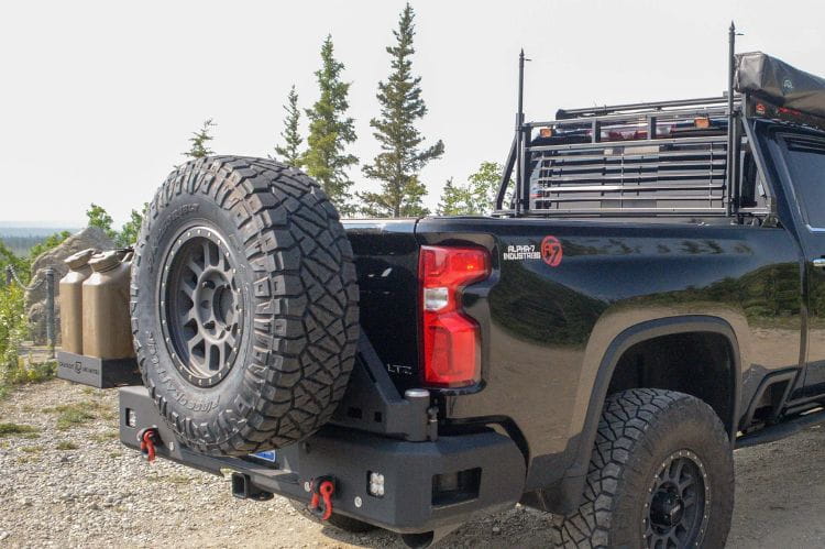 Rear Tire Carrier Bumper Chassis Unlimited CUB960571 Octane dual swing out for GMC Sierra 2500/3500, rugged black steel upgrade