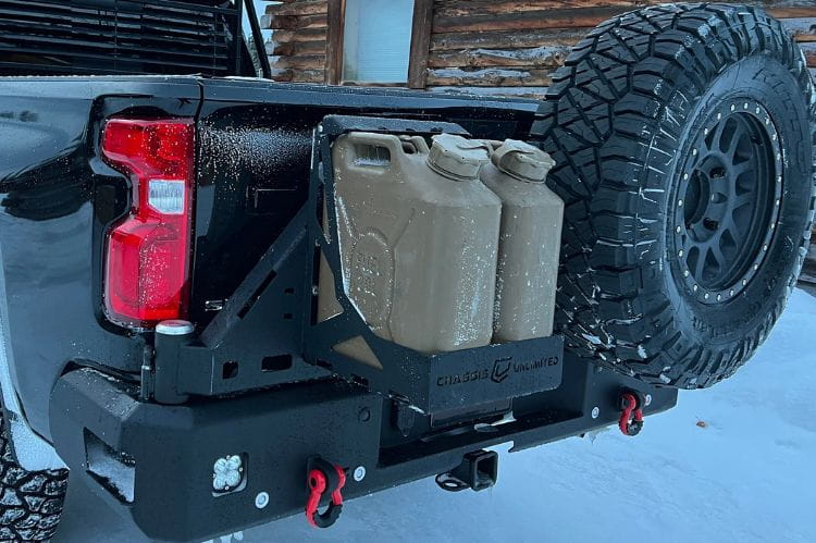 Rear Tire Carrier Bumper Chassis Unlimited CUB960571 Octane dual swing out for GMC Sierra 2500/3500, rugged black steel upgrade