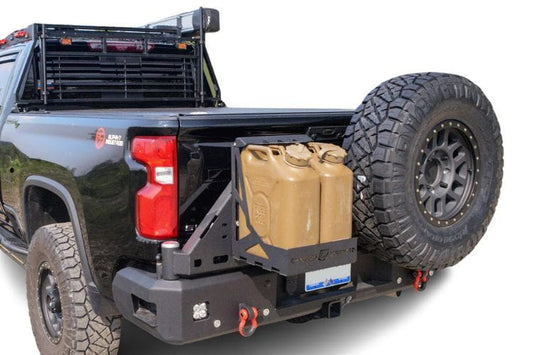 Chassis Unlimited rear tire carrier bumper CUB960572. Dual swing-out 2020–2025 Chevy Silverado 2500/3500, sensors, textured black