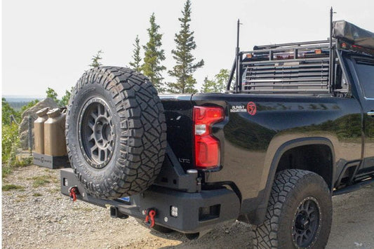 Chassis Unlimited rear tire carrier bumper CUB960572. Dual swing-out 2020–2025 Chevy Silverado 2500/3500, sensors, textured black