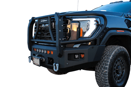 Steel Front Bumper Chassis Unlimited CUB980692BG textured black with winch guard and sensor cutouts for 2024+ GMC Sierra 2500/3500