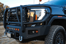 Steel Front Bumper Chassis Unlimited CUB980692BG textured black with winch guard and sensor cutouts for 2024+ GMC Sierra 2500/3500