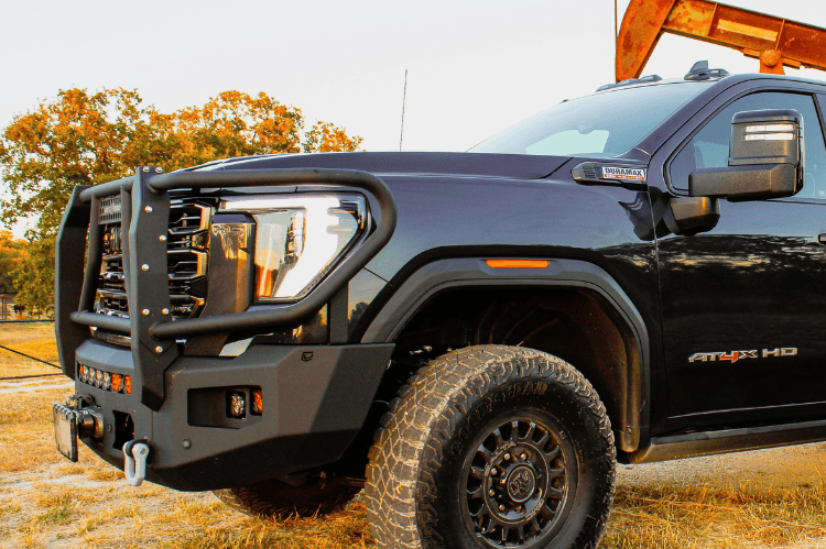 Steel Front Bumper Chassis Unlimited CUB980692BG textured black with winch guard and sensor cutouts for 2024+ GMC Sierra 2500/3500
