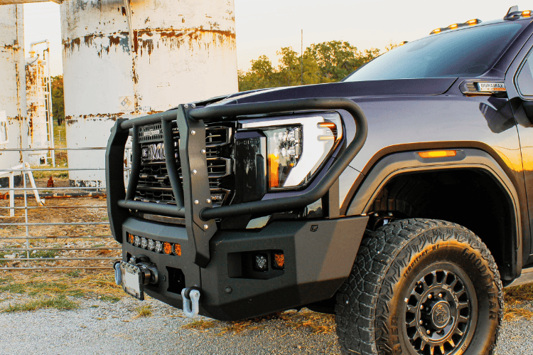 Steel Front Bumper Chassis Unlimited CUB980692BG textured black with winch guard and sensor cutouts for 2024+ GMC Sierra 2500/3500