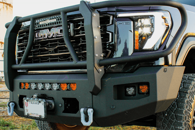 Steel Front Bumper Chassis Unlimited CUB980692BG textured black with winch guard and sensor cutouts for 2024+ GMC Sierra 2500/3500