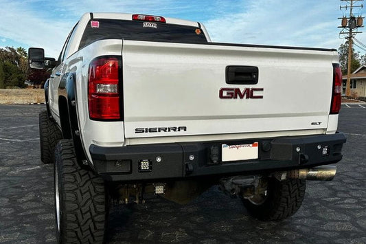 GMC Truck Rear Bumper Chassis Unlimited Attitude CUB990302 textured black powder coat with sensor cutouts for Sierra 2500/3500