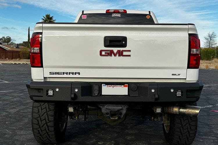 GMC Truck Rear Bumper Chassis Unlimited Attitude CUB990302 textured black powder coat with sensor cutouts for Sierra 2500/3500