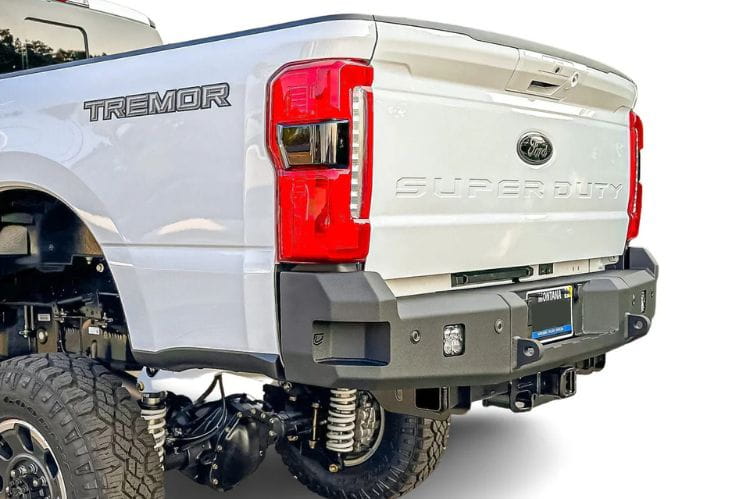 Chassis Unlimited CUB990752 truck rear bumper on 2023+ Ford F250 F350 Super Duty steel bumper with recovery points and LED plate lights