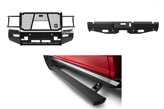 2024 Dodge Ram 2500 Complete Protection Kit with rugged Ranch Hand bumpers and sleek AMP Research power steps