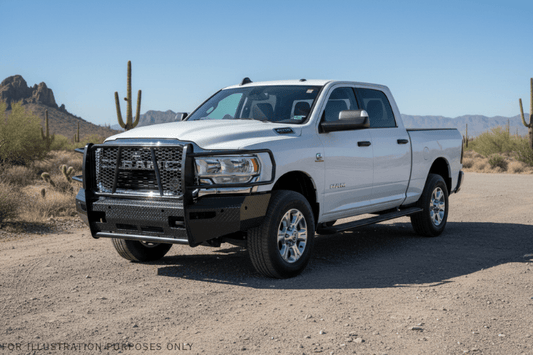 2024 Dodge Ram 2500 Complete Protection Kit with rugged Ranch Hand bumpers and sleek AMP Research power steps