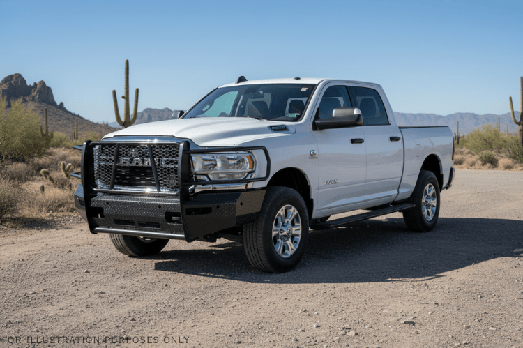 2024 Dodge Ram 2500 Complete Protection Kit with rugged Ranch Hand bumpers and sleek AMP Research power steps