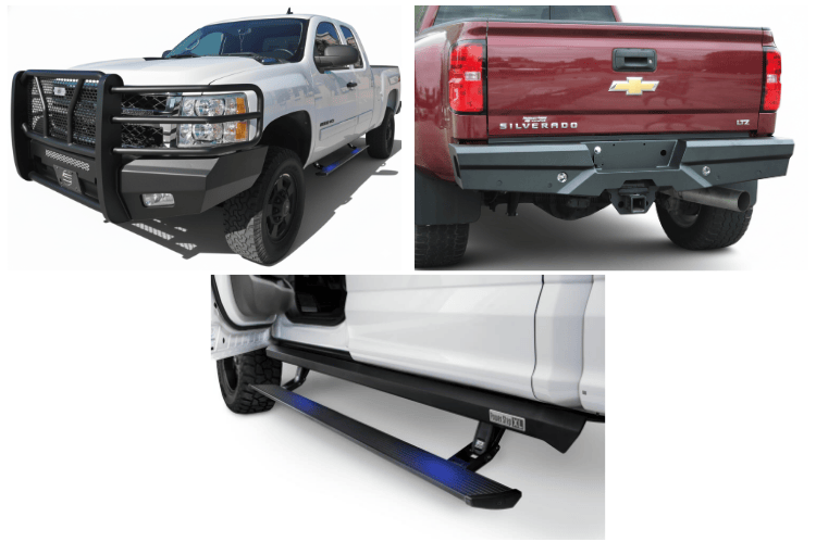 Fully equipped 2014 Chevy Silverado 2500HD Complete Protection Kit showcasing Steelcraft protection and AMP Research power steps