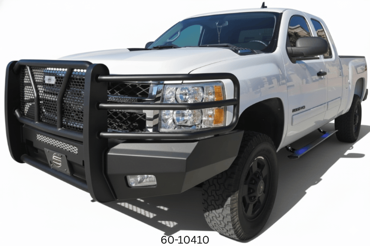 Fully equipped 2014 Chevy Silverado 2500HD Complete Protection Kit showcasing Steelcraft protection and AMP Research power steps