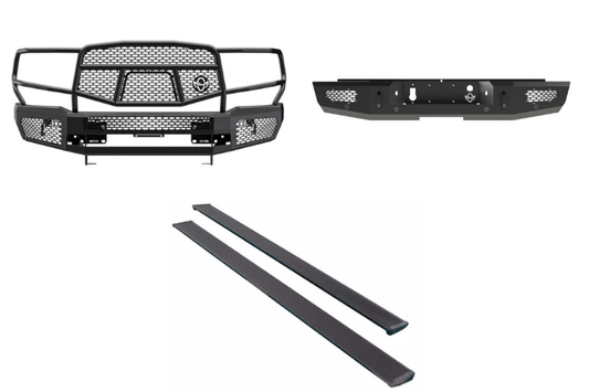 2019 Chevy Silverado 2500HD Complete Protection Kit with tough Ranch Hand bumpers and sleek AMP Research power steps