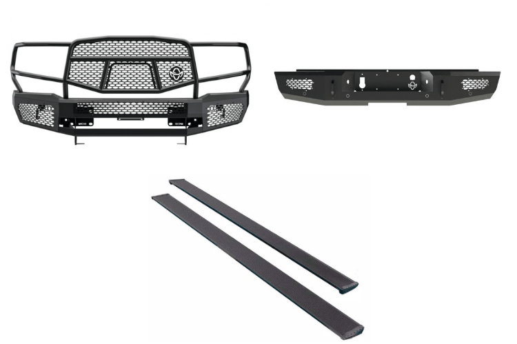 2019 Chevy Silverado 2500HD Complete Protection Kit with tough Ranch Hand bumpers and sleek AMP Research power steps