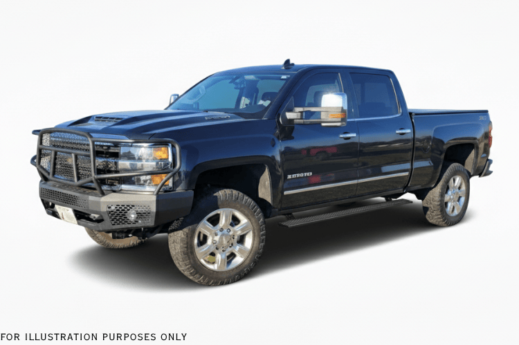 2019 Chevy Silverado 2500HD Complete Protection Kit with tough Ranch Hand bumpers and sleek AMP Research power steps